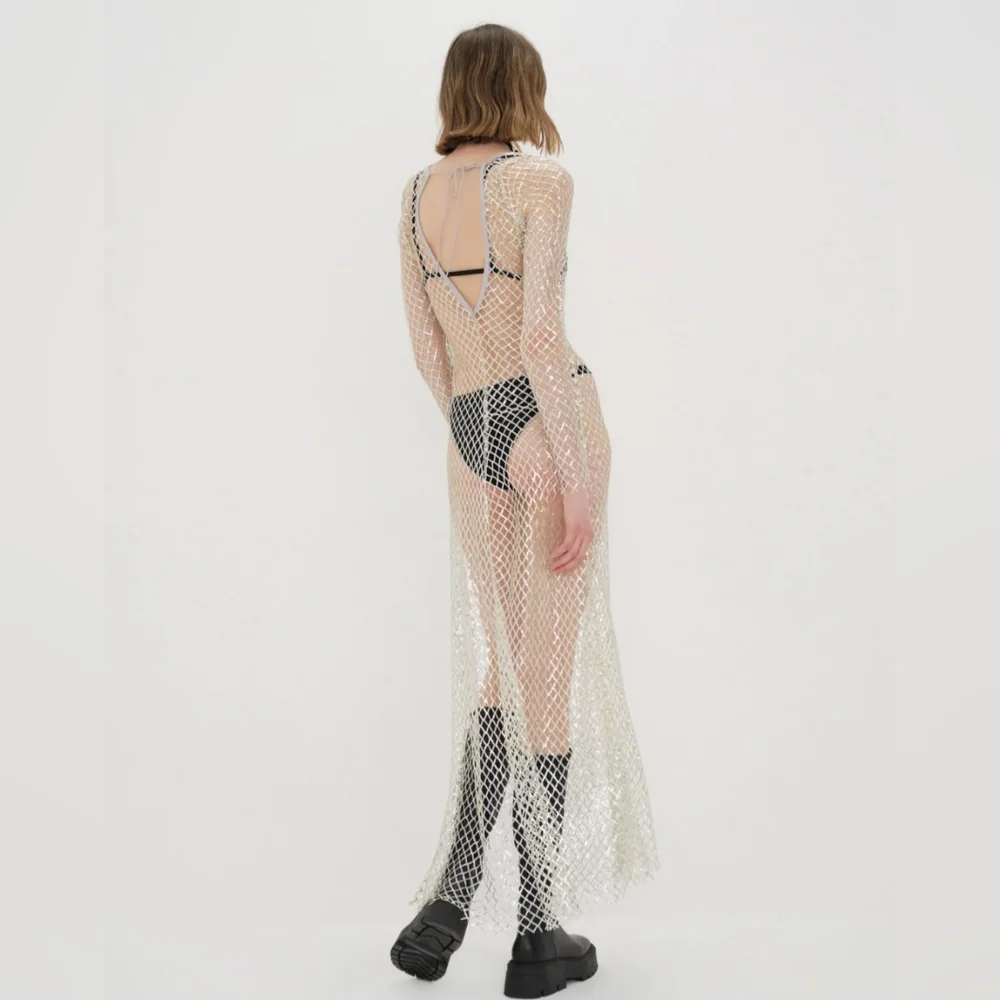 For Love & Lemons Iridescent Silver Mesh Backless Cover-Up - Picture 8 of 10